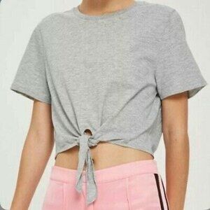 Topshop Knot Front Crop Top Size 2 Short Sleeve Cotton Blend Gray EUC B91